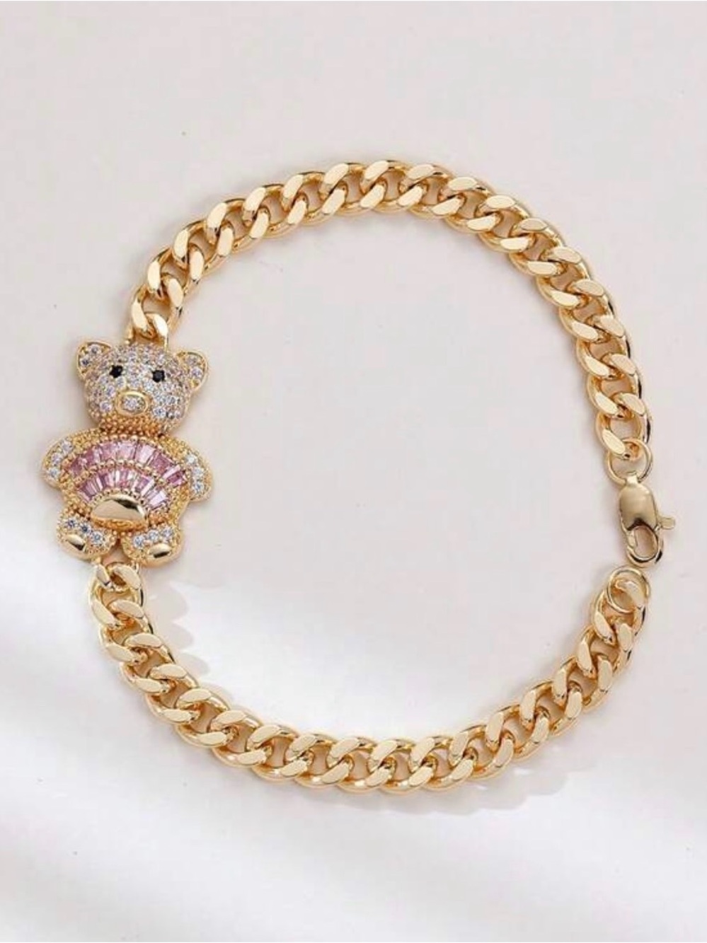 18K Gold Plated Teddy Bear Bracelet Pink Crystal Pavé Chunky Chain 7” Luxury